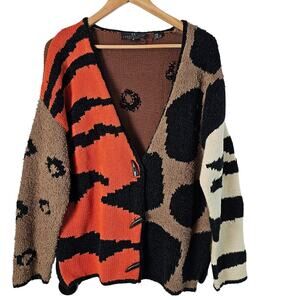Vtg Carole Little Cardigan Women Med Brown Animal Print Knit Patchwork Boho Cats